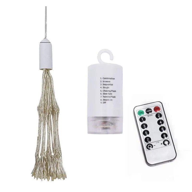 Solar-powered LED meteor shower lights hanging outdoors with warm white cascade lighting effect