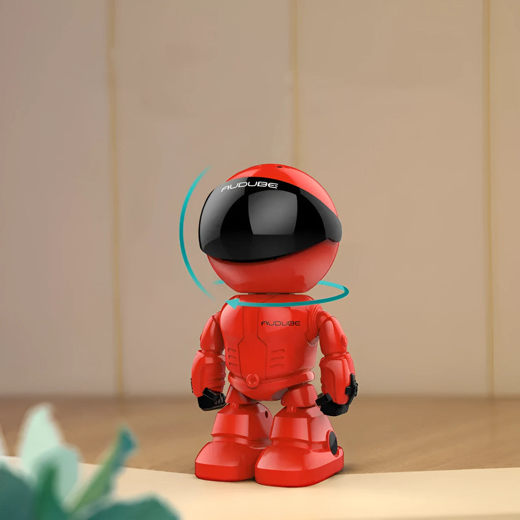 Silver remote control robot surveillance camera with wide angle lens showing rotation capability