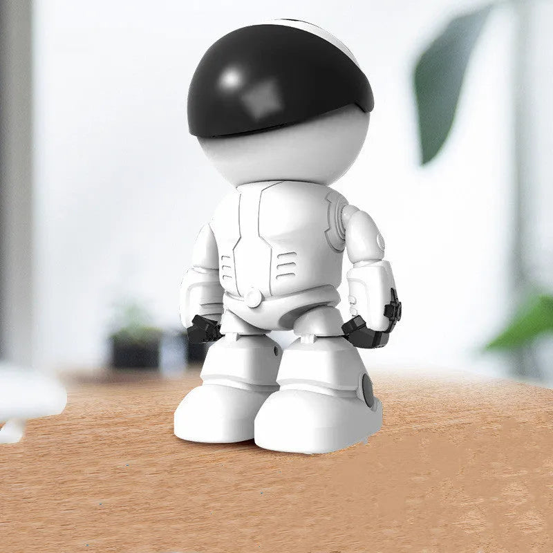 Silver remote control robot surveillance camera with wide angle lens showing rotation capability