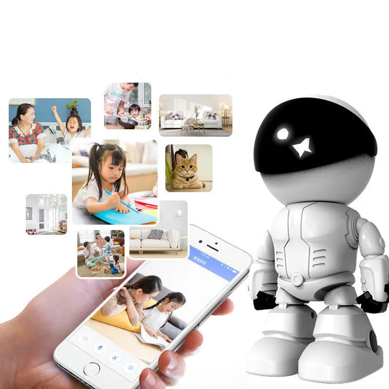 Silver remote control robot surveillance camera with wide angle lens showing rotation capability