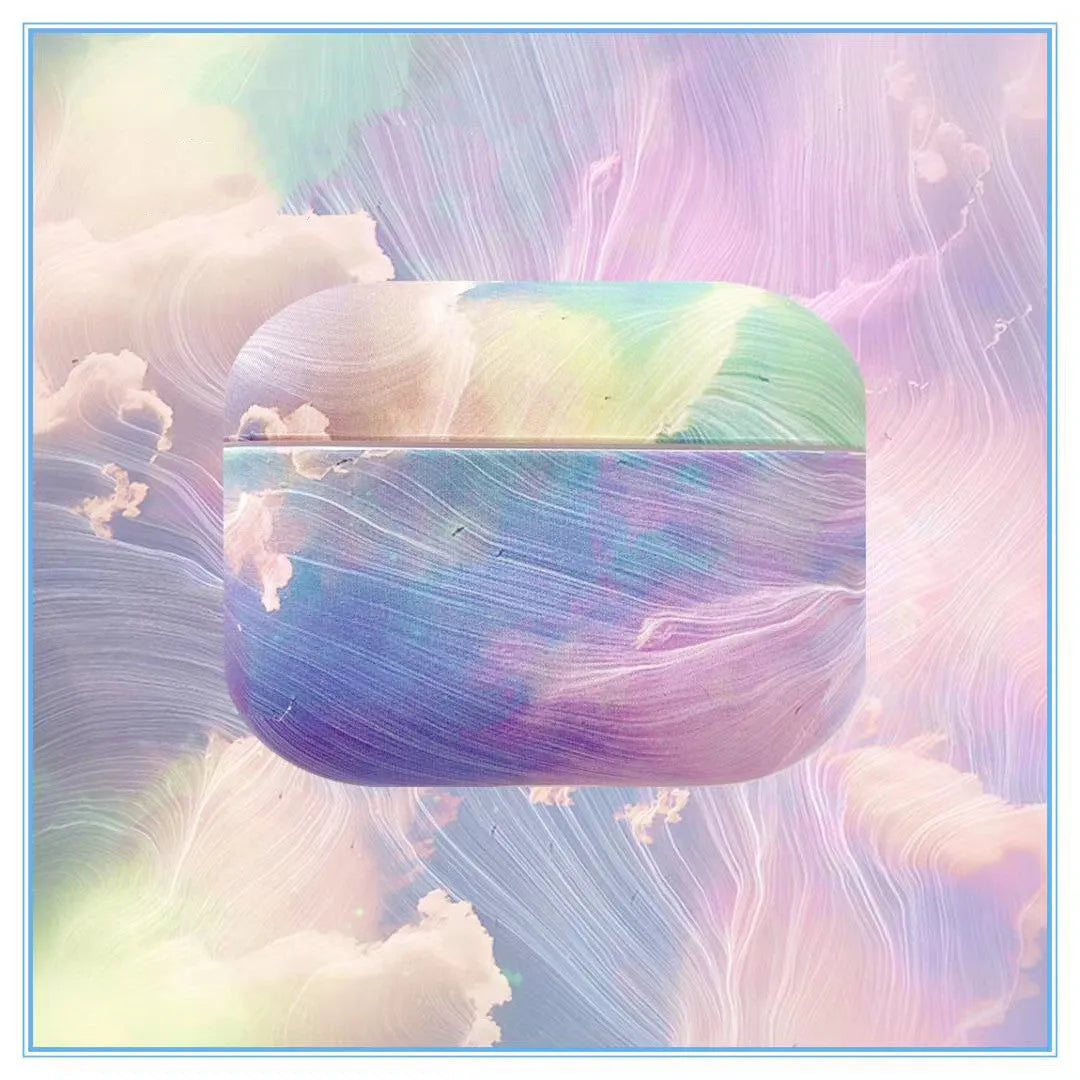 Pink and blue watercolour pattern hard plastic protective sleeve for Apple AirPods charging case.
