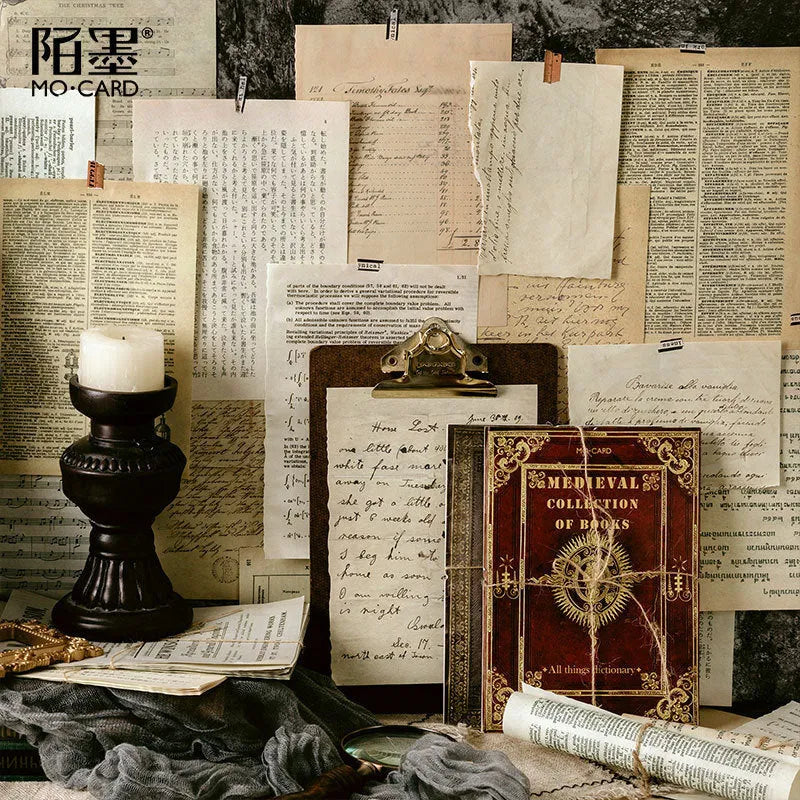 Distressed paper vintage notebook with one of ten style covers, shown next to OPP storage bag and hemp rope.