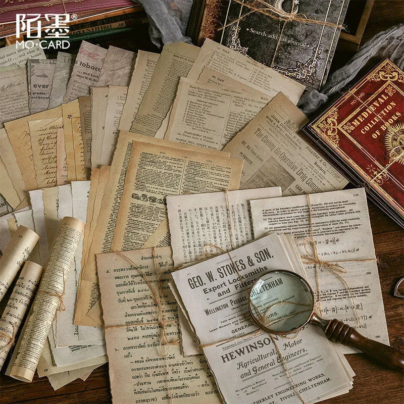 Distressed paper vintage notebook with one of ten style covers, shown next to OPP storage bag and hemp rope.
