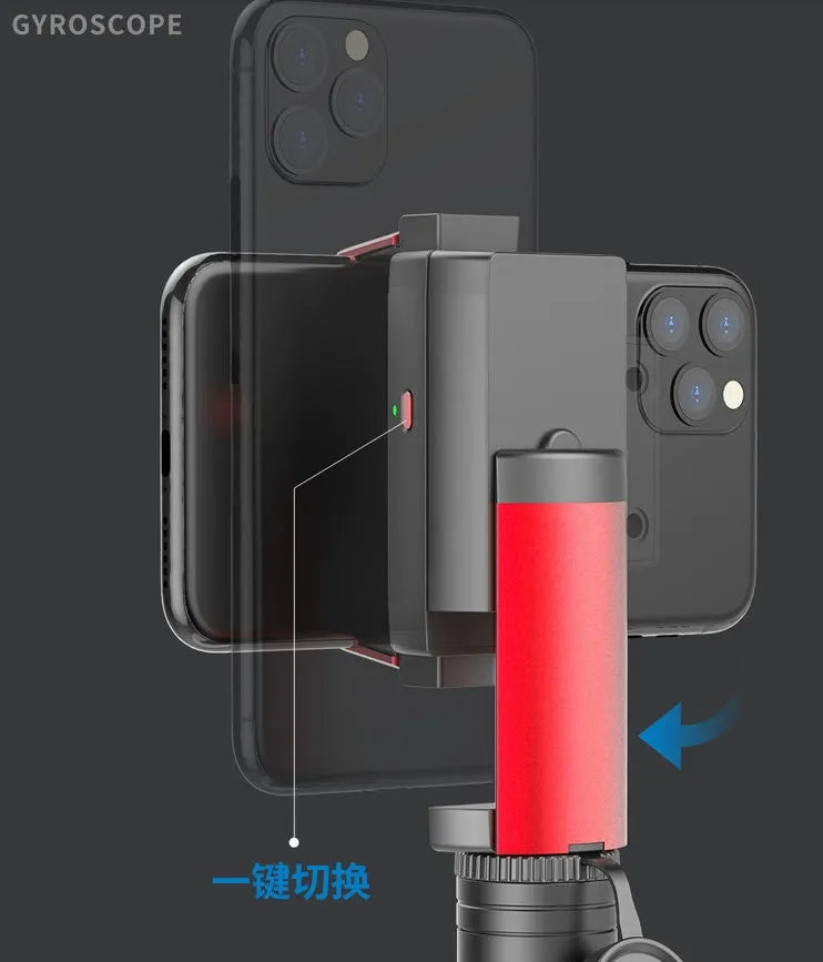 Aluminium alloy video balance stabiliser tripod for iPhone, extended with phone clamp attached.