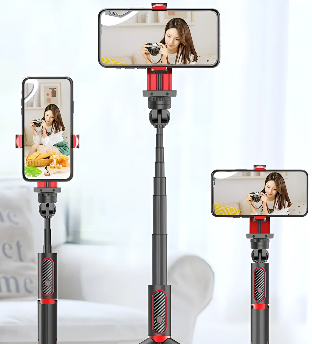 Aluminium alloy video balance stabiliser tripod for iPhone, extended with phone clamp attached.