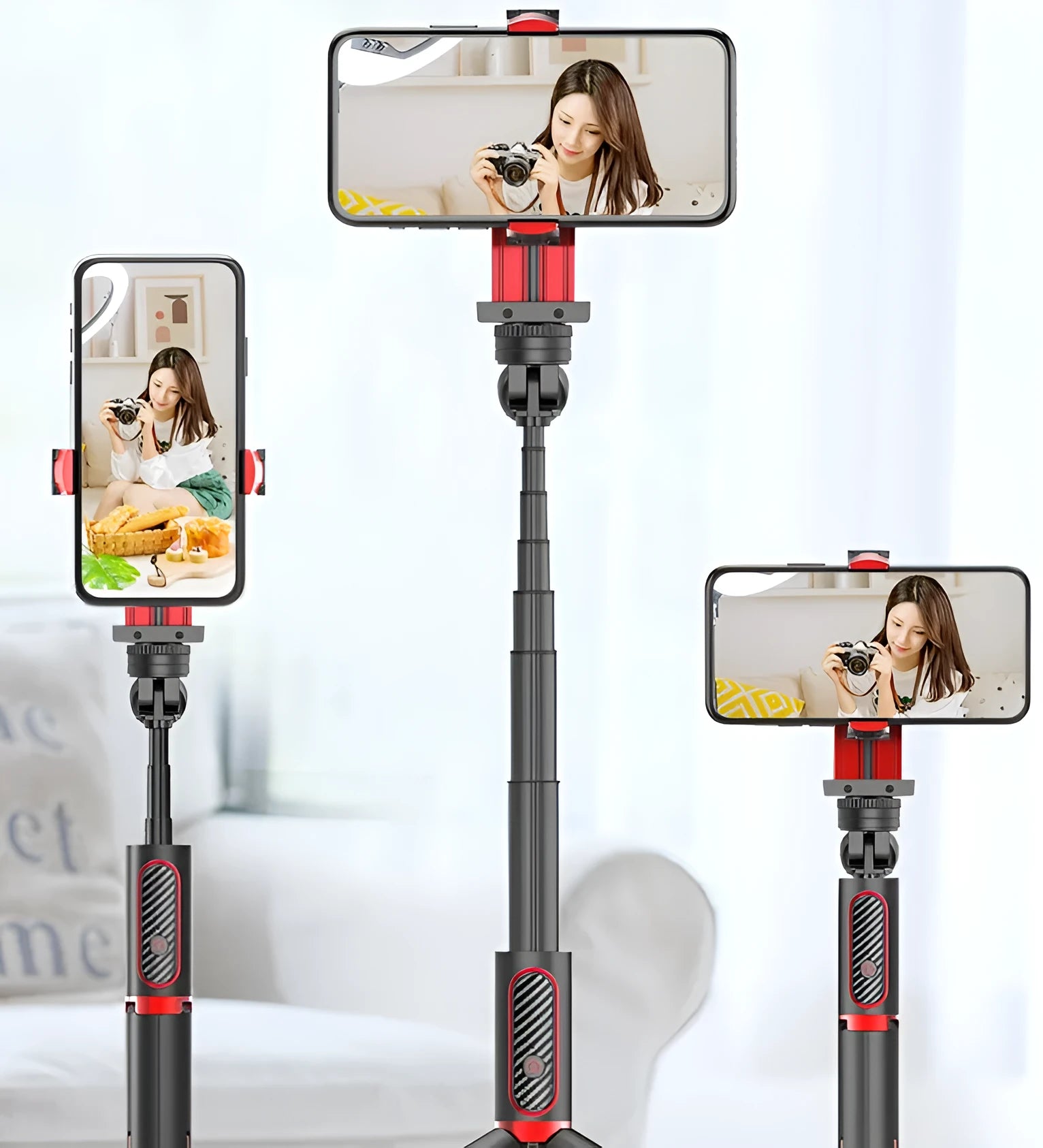 Aluminium alloy video balance stabiliser tripod for iPhone, extended with phone clamp attached.