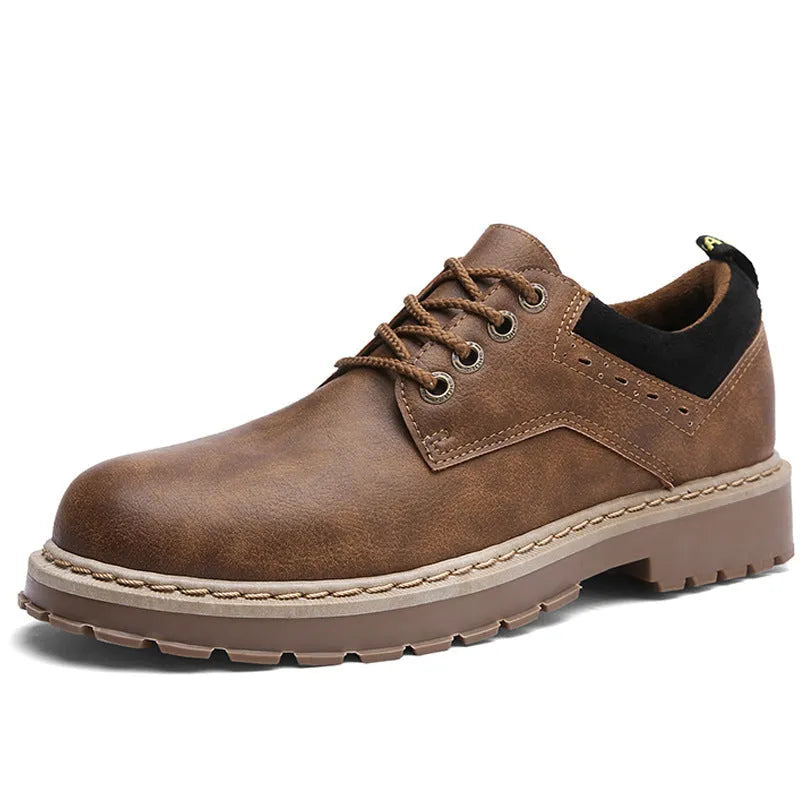 Men's round-toe casual shoes with PU leather uppers and rubber soles in black, brown, and dark brown colours