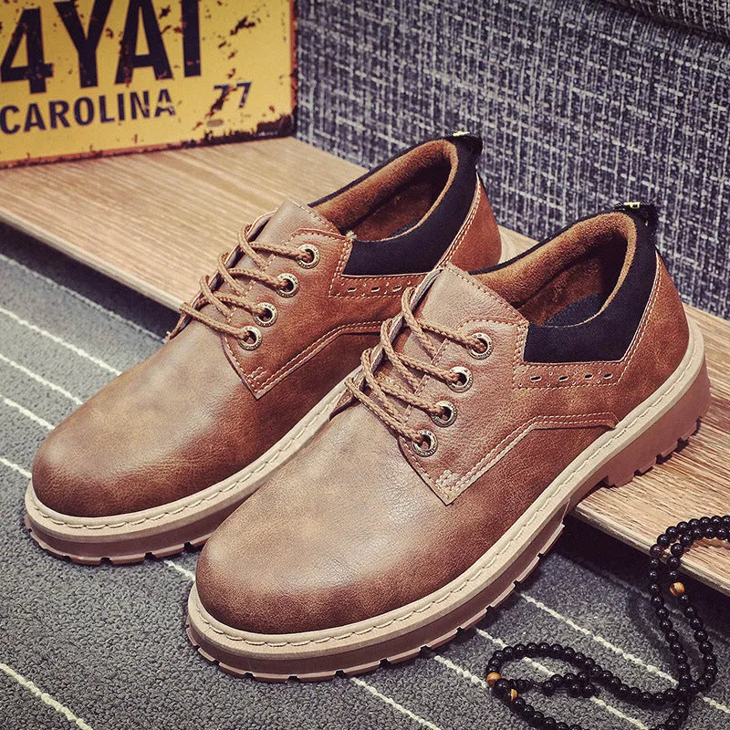 Men's round-toe casual shoes with PU leather uppers and rubber soles in black, brown, and dark brown colours
