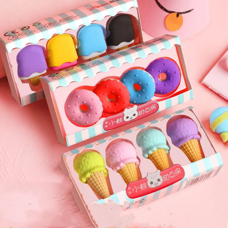 Cartoon eraser set with 12 pieces featuring ice cream, lollipop, and donut designs for kindergarten children