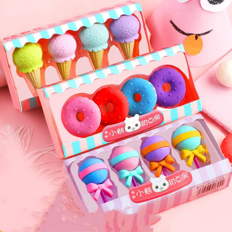 Cartoon eraser set with 12 pieces featuring ice cream, lollipop, and donut designs for kindergarten children