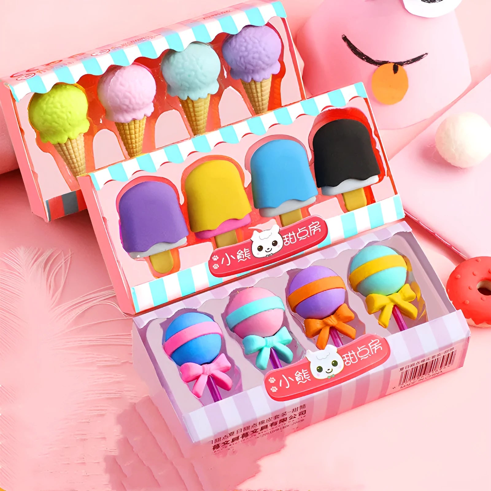 Cartoon eraser set with 12 pieces featuring ice cream, lollipop, and donut designs for kindergarten children
