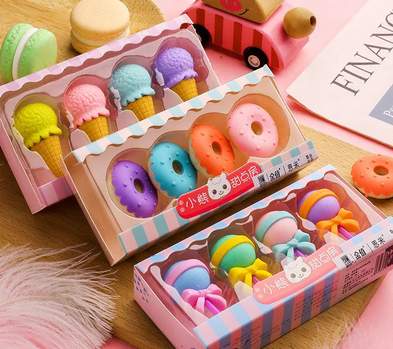 Cartoon eraser set with 12 pieces featuring ice cream, lollipop, and donut designs for kindergarten children