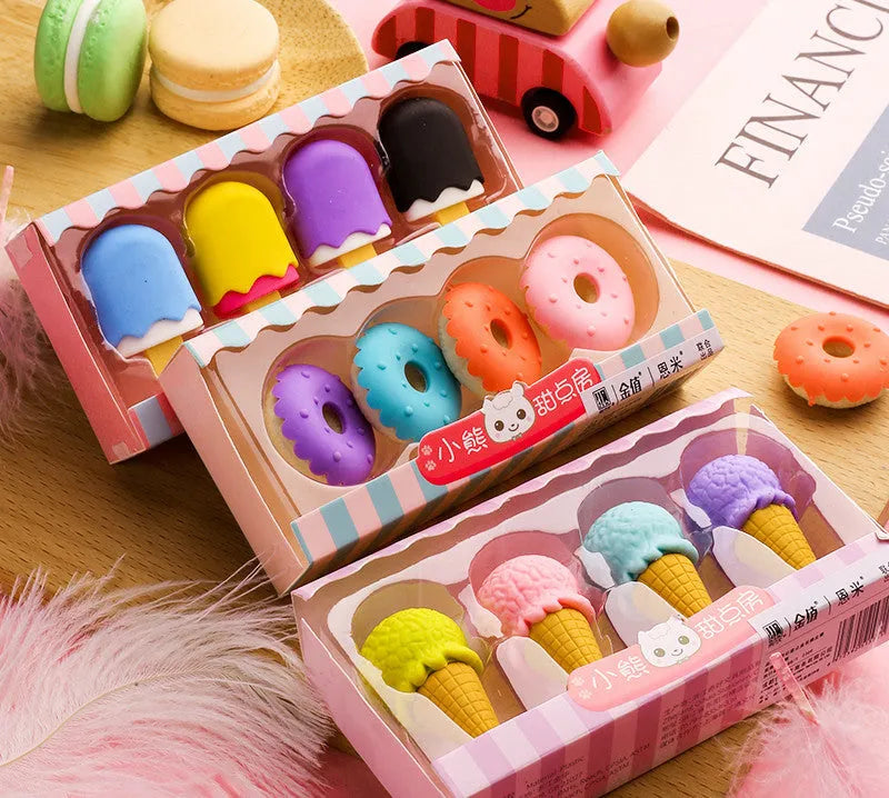 Cartoon eraser set with 12 pieces featuring ice cream, lollipop, and donut designs for kindergarten children