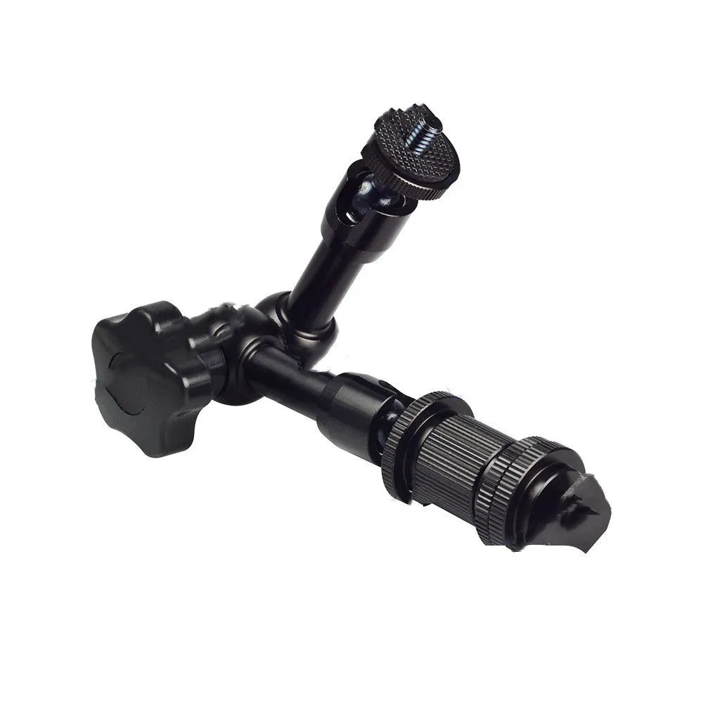 Black all-metal 7-inch magic friction arm for DSLR cameras with hot shoe and camera mounts.