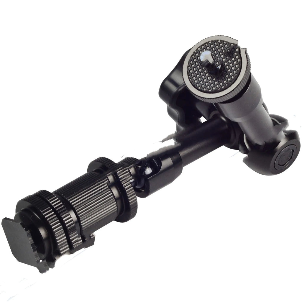 Black all-metal 7-inch magic friction arm for DSLR cameras with hot shoe and camera mounts.