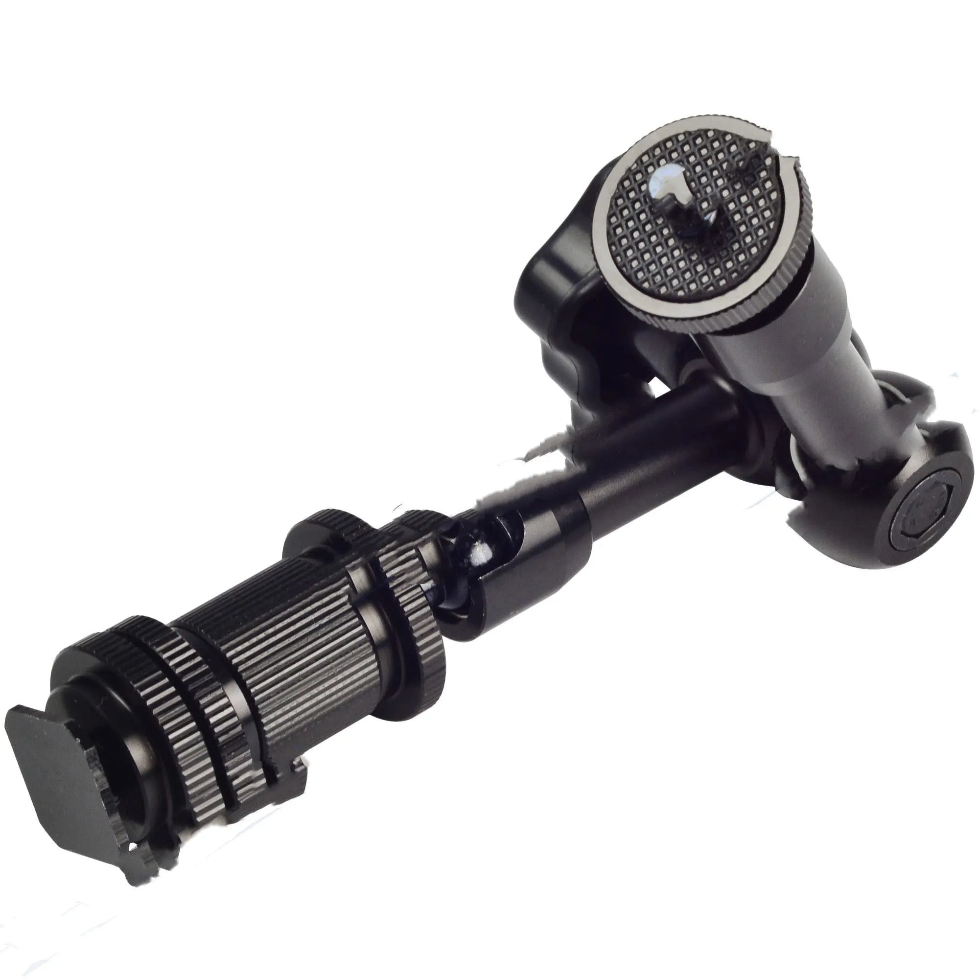 Black all-metal 7-inch magic friction arm for DSLR cameras with hot shoe and camera mounts.