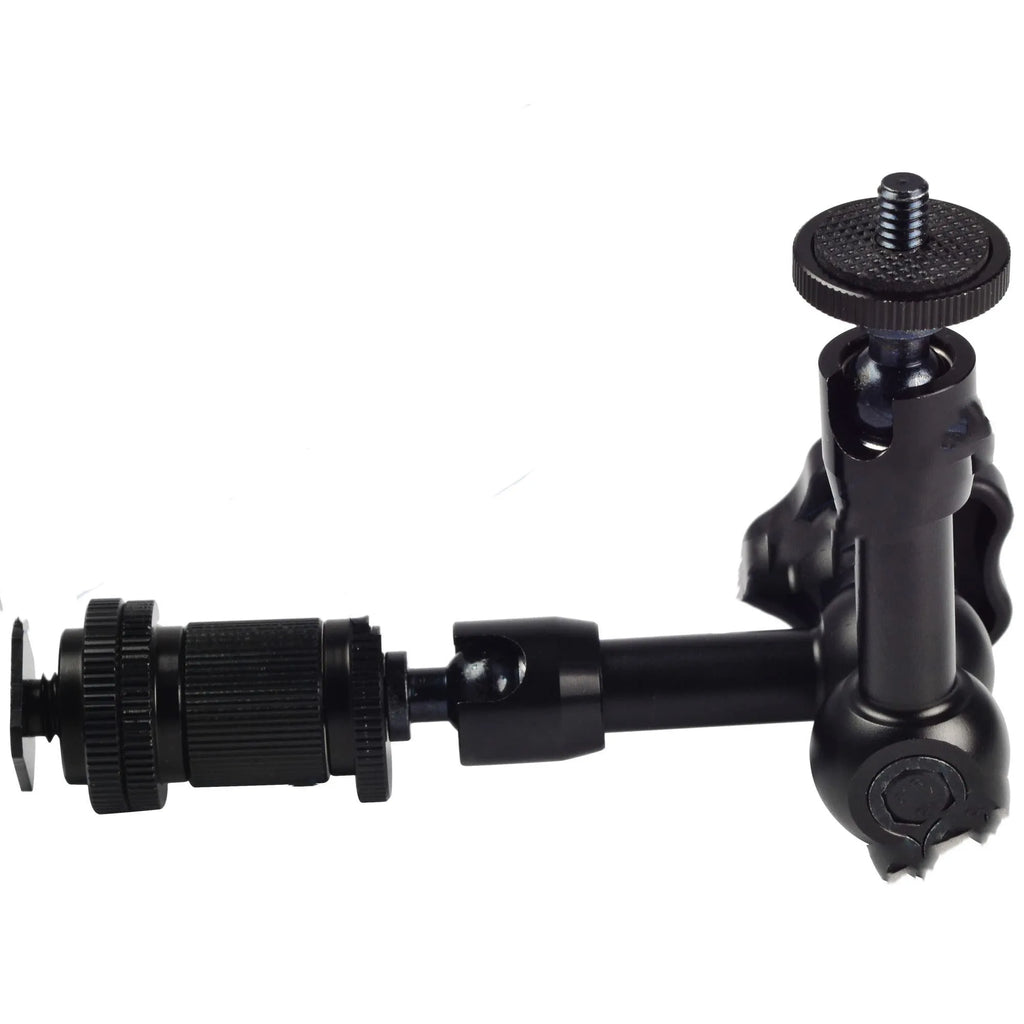 Black all-metal 7-inch magic friction arm for DSLR cameras with hot shoe and camera mounts.