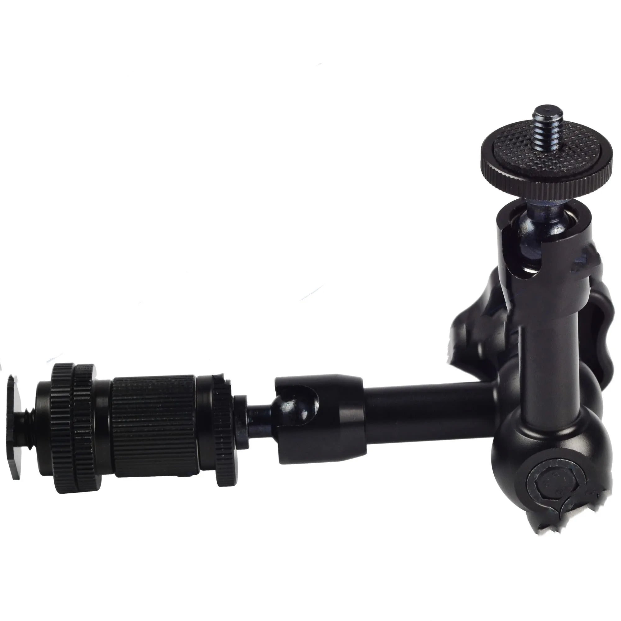 Black all-metal 7-inch magic friction arm for DSLR cameras with hot shoe and camera mounts.