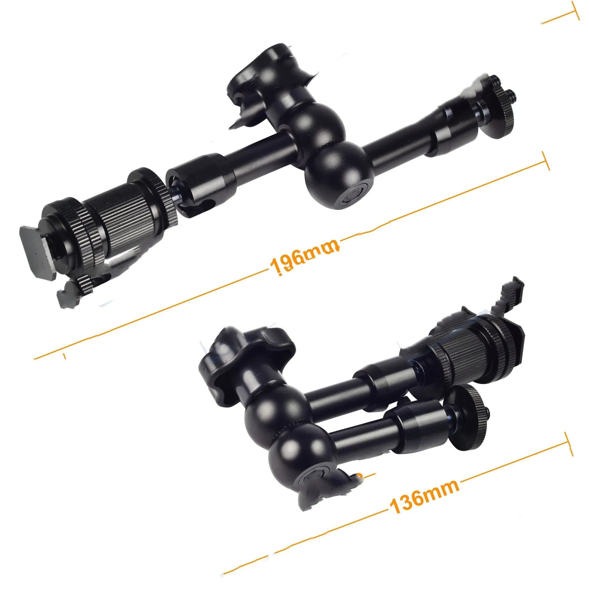 Black all-metal 7-inch magic friction arm for DSLR cameras with hot shoe and camera mounts.