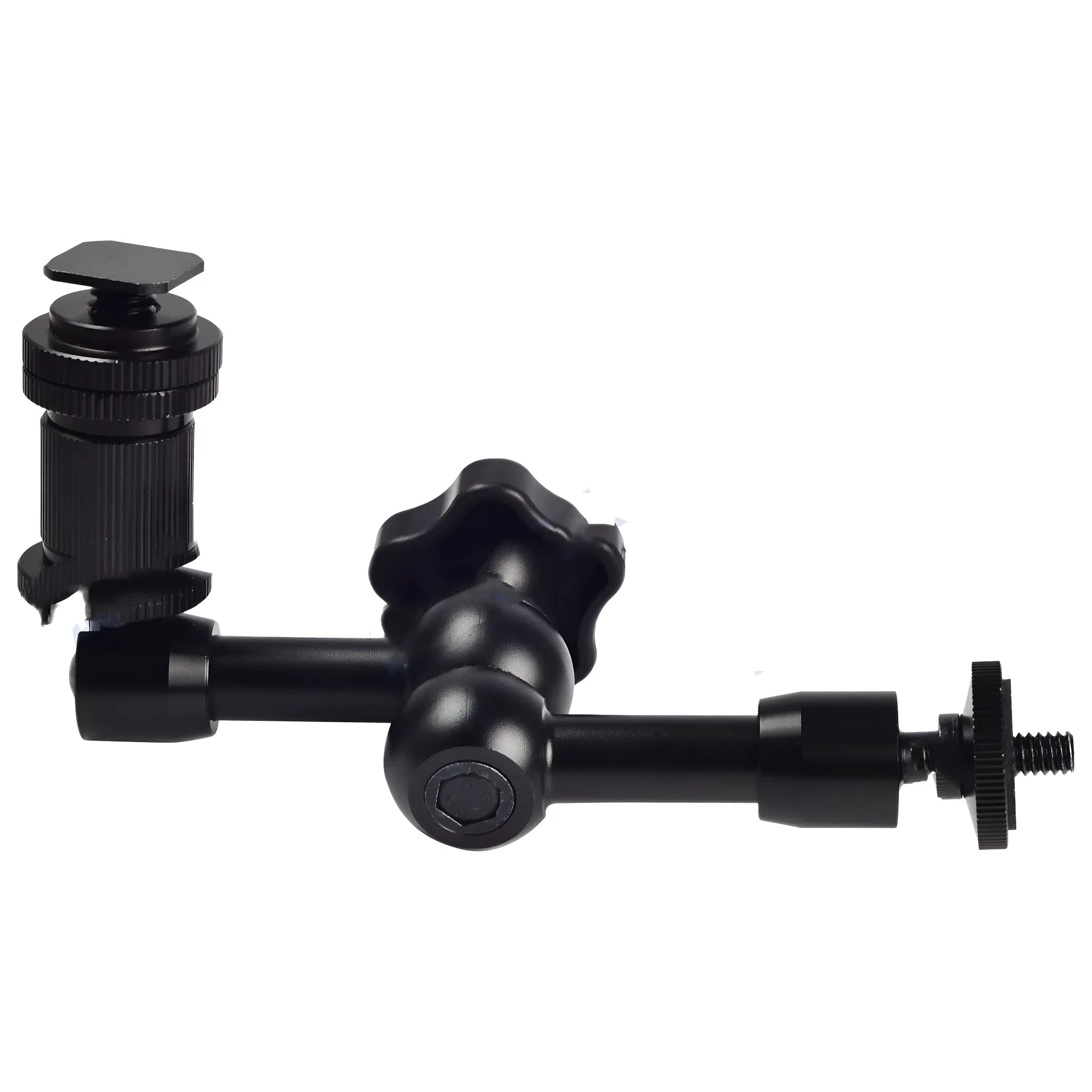 Black all-metal 7-inch magic friction arm for DSLR cameras with hot shoe and camera mounts.
