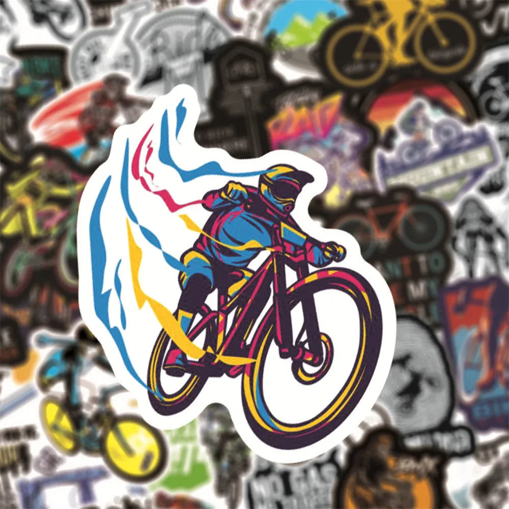 Bicycle doodle sticker set showing 50 self-adhesive cycling designs for MTB and bike customisation