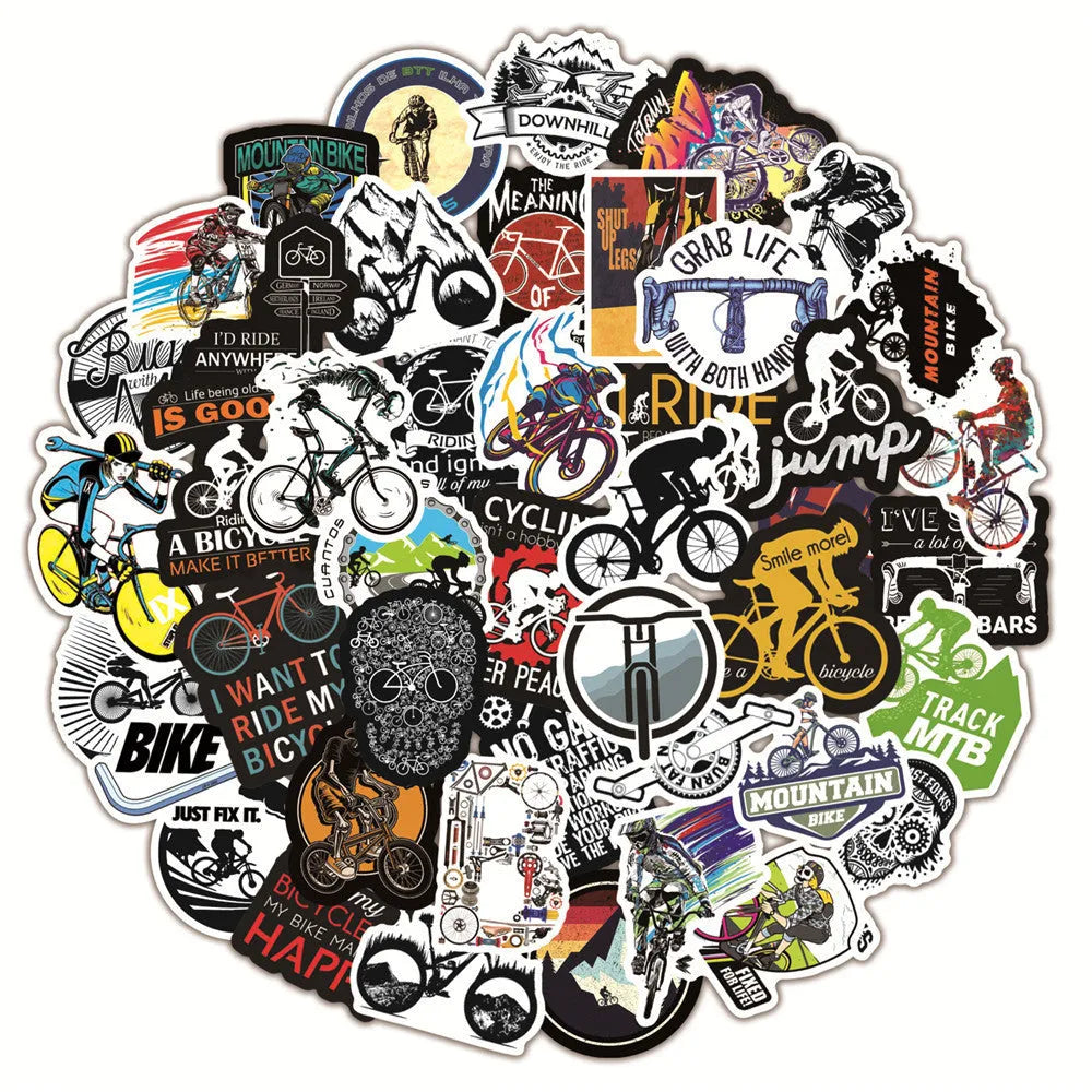 Bicycle doodle sticker set showing 50 self-adhesive cycling designs for MTB and bike customisation