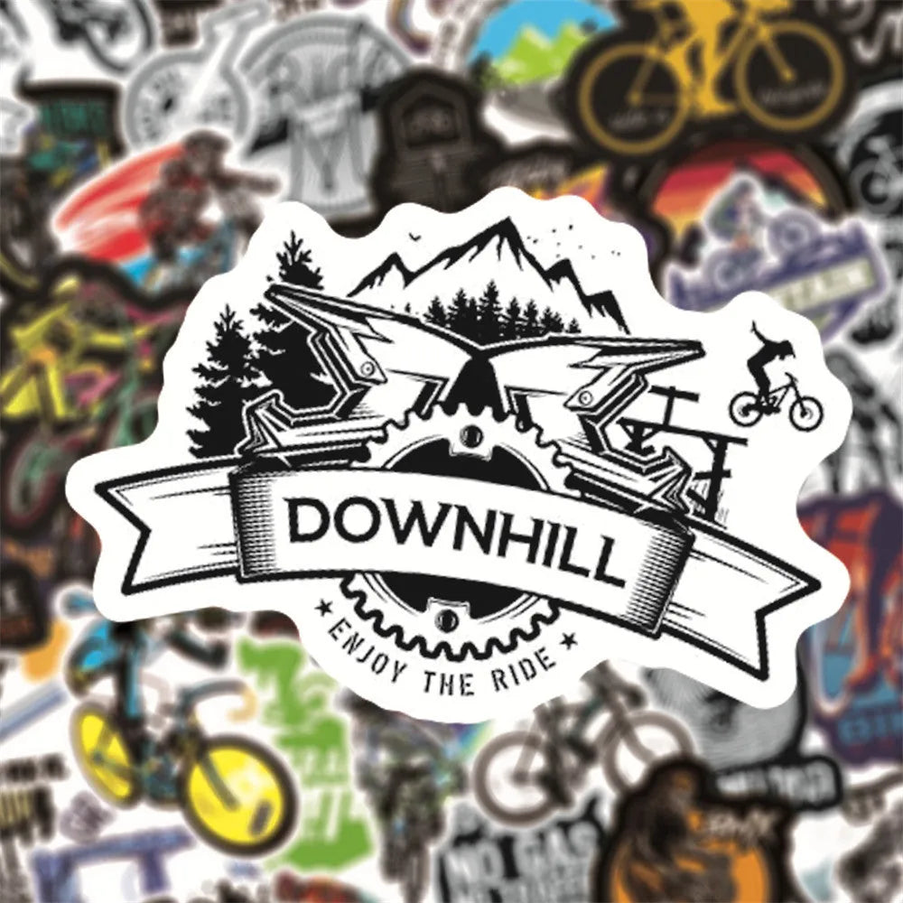 Bicycle doodle sticker set showing 50 self-adhesive cycling designs for MTB and bike customisation