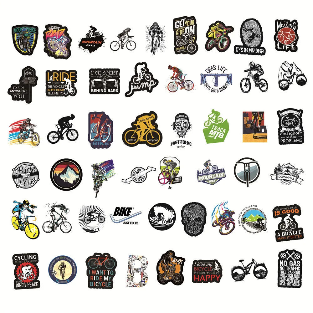 Bicycle doodle sticker set showing 50 self-adhesive cycling designs for MTB and bike customisation