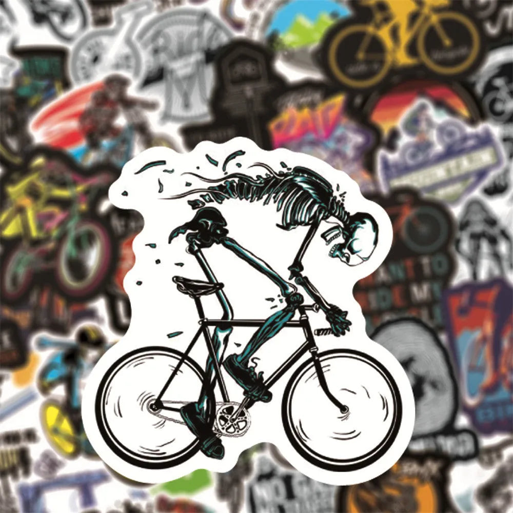 Bicycle doodle sticker set showing 50 self-adhesive cycling designs for MTB and bike customisation