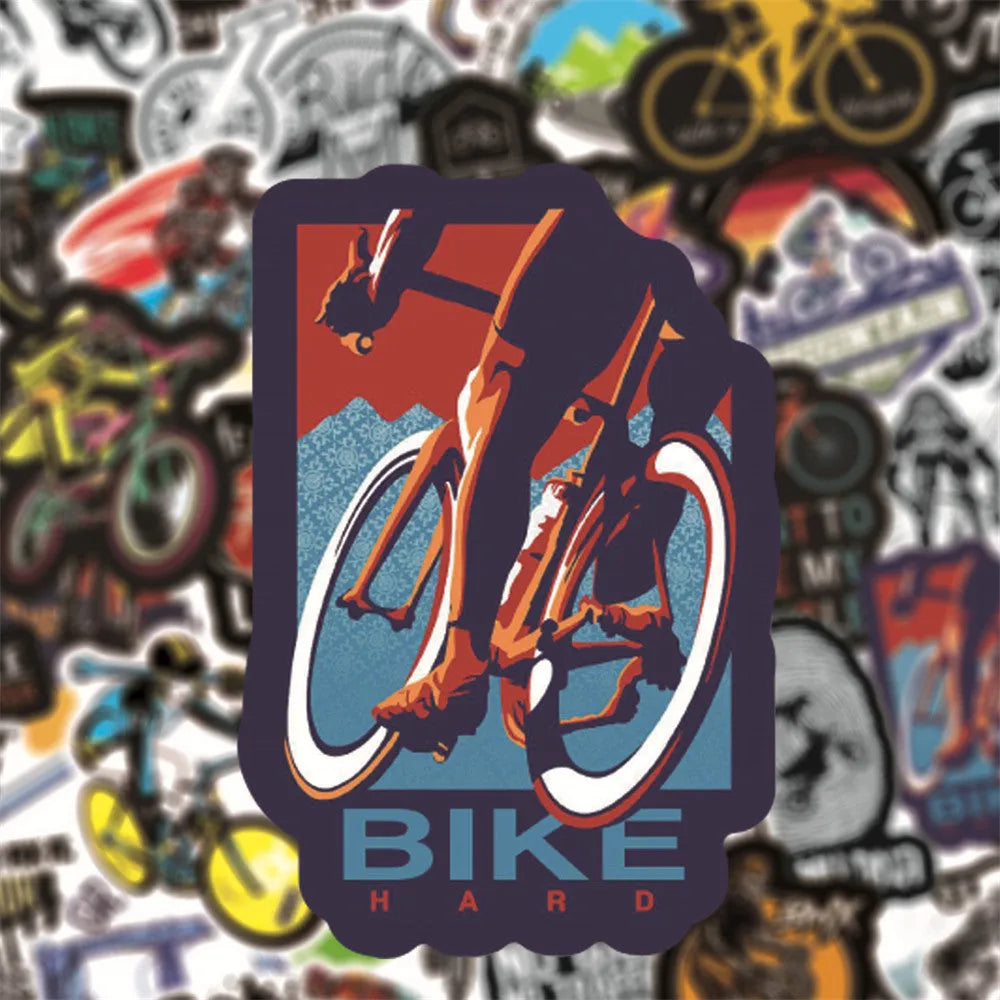 Bicycle doodle sticker set showing 50 self-adhesive cycling designs for MTB and bike customisation