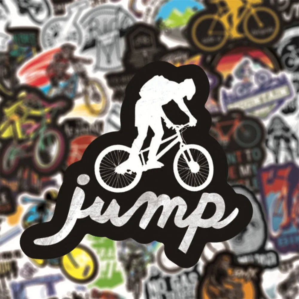 Bicycle doodle sticker set showing 50 self-adhesive cycling designs for MTB and bike customisation