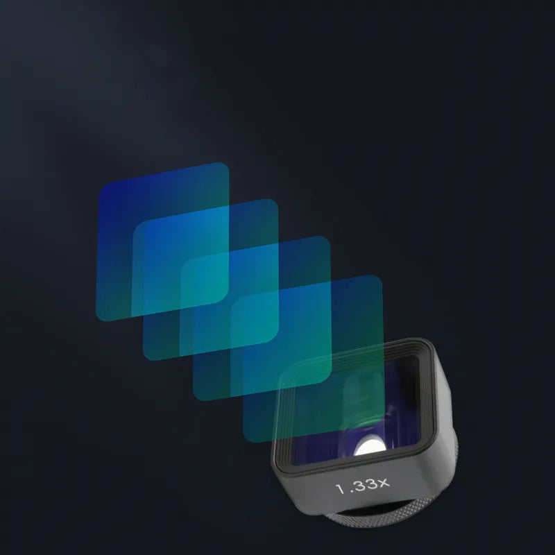 Black mobile phone anamorphic lens with 1.33x magnification for cinematic widescreen video