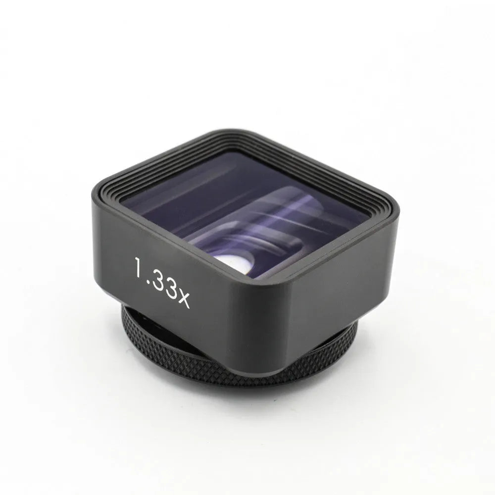 Black mobile phone anamorphic lens with 1.33x magnification for cinematic widescreen video