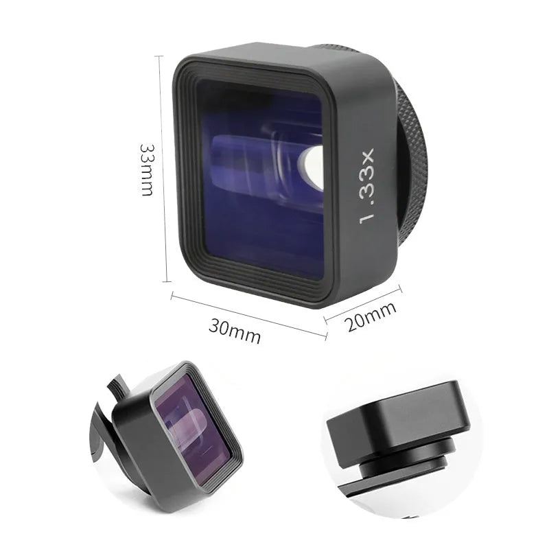 Black mobile phone anamorphic lens with 1.33x magnification for cinematic widescreen video