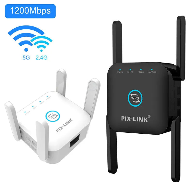 PIXLINK AC24 dual-frequency wireless WiFi extender router in black or white colour with regional power adapters