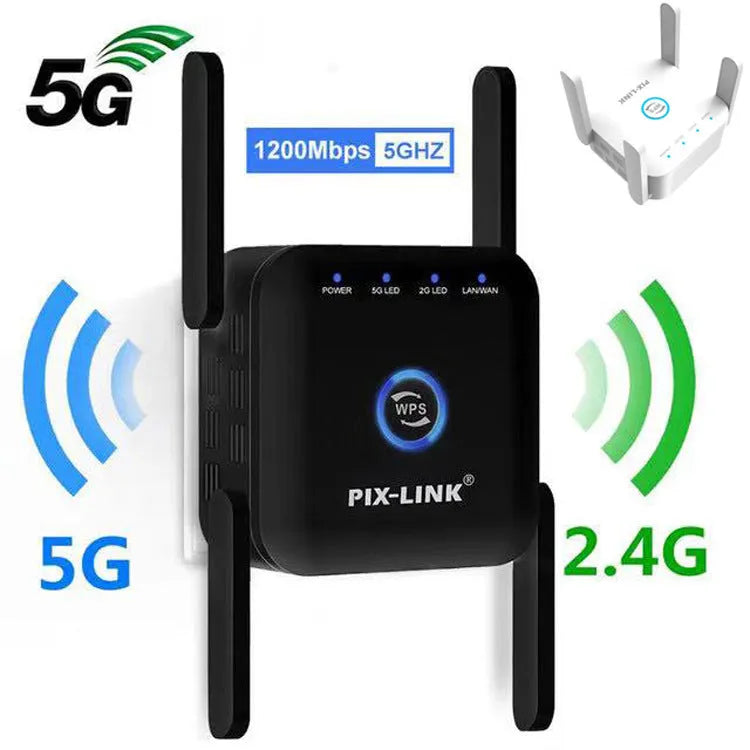 PIXLINK AC24 dual-frequency wireless WiFi extender router in black or white colour with regional power adapters