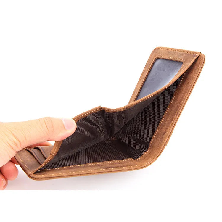 Brown mini leather men's wallet with card slots and a note compartment, shown with dimensions.
