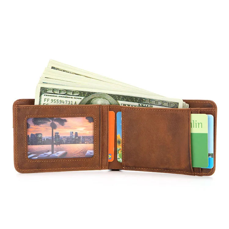 Brown mini leather men's wallet with card slots and a note compartment, shown with dimensions.