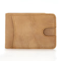 Brown mini leather men's wallet with card slots and a note compartment, shown with dimensions.