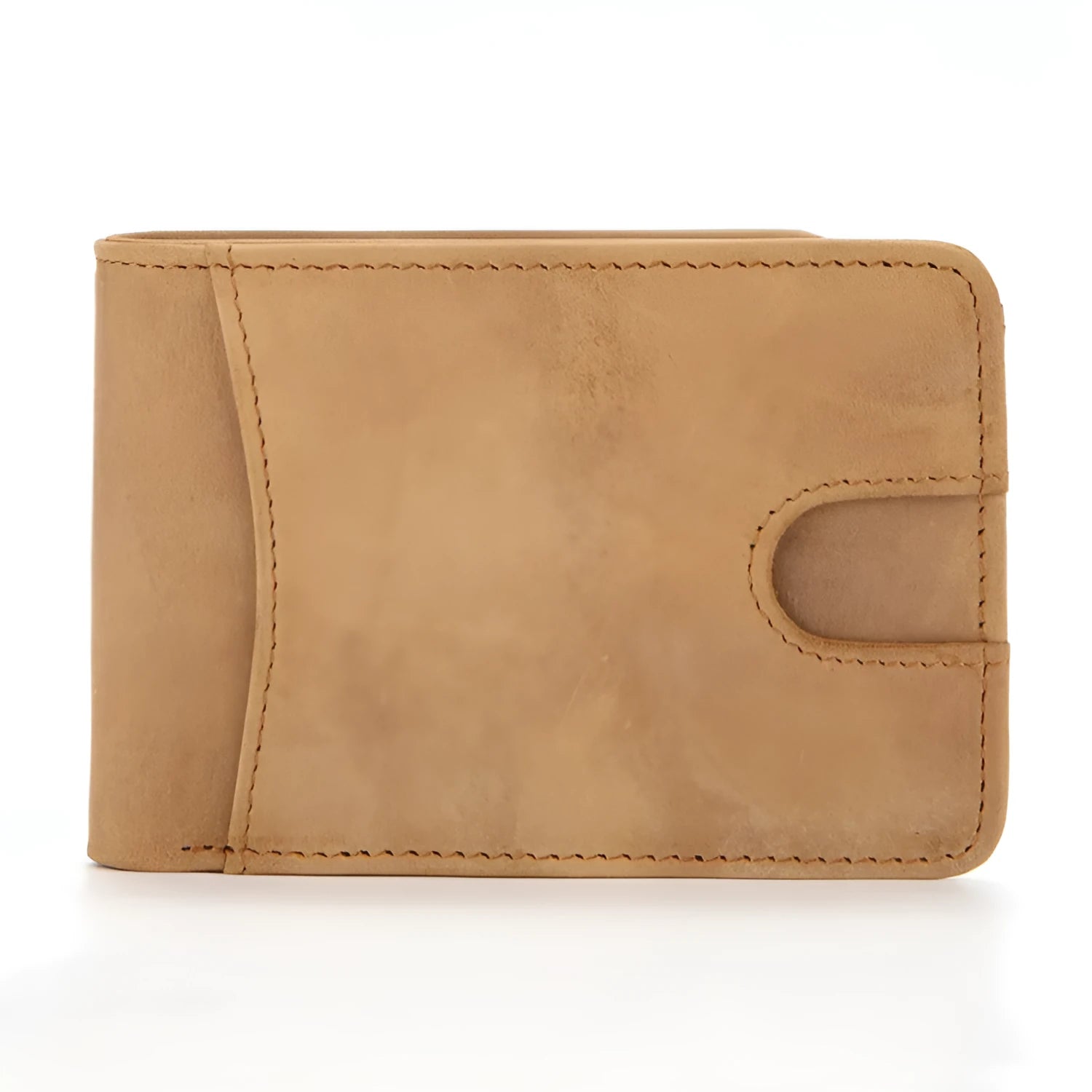 Brown mini leather men's wallet with card slots and a note compartment, shown with dimensions.