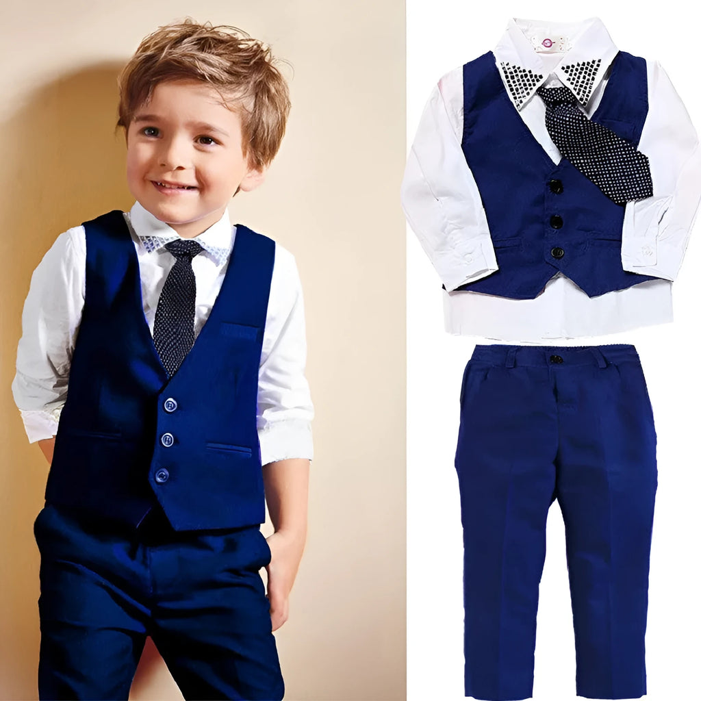 Blue boys' clothing set with turtleneck, waistcoat, tie, and trousers on a hanger.