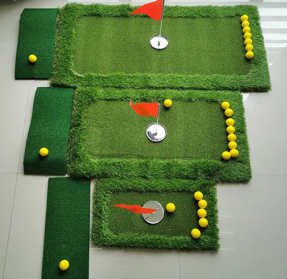 Green golf training mat with synthetic grass surface on a high elastic EVA foam base.