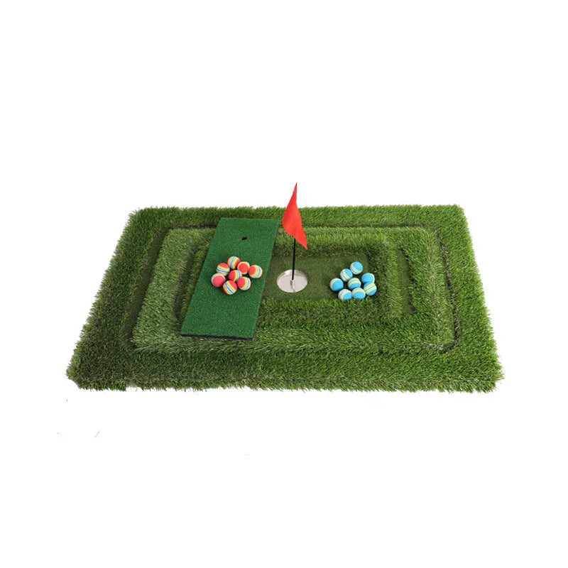 Green golf training mat with synthetic grass surface on a high elastic EVA foam base.