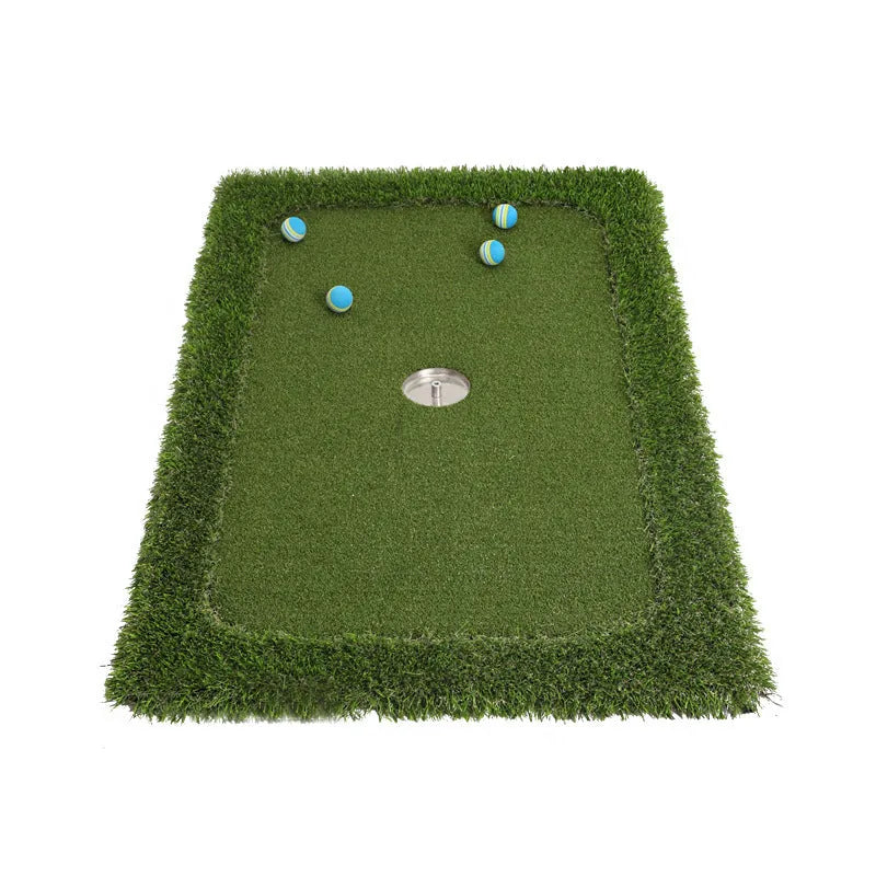 Green golf training mat with synthetic grass surface on a high elastic EVA foam base.
