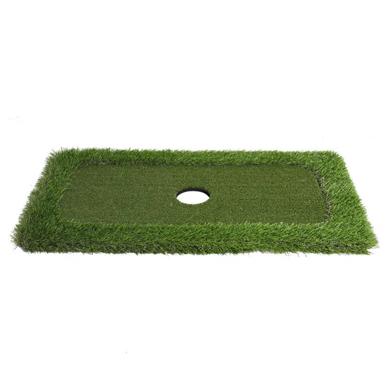 Green golf training mat with synthetic grass surface on a high elastic EVA foam base.