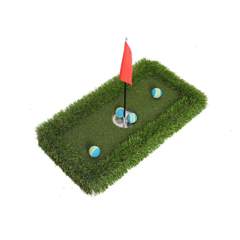 Green golf training mat with synthetic grass surface on a high elastic EVA foam base.