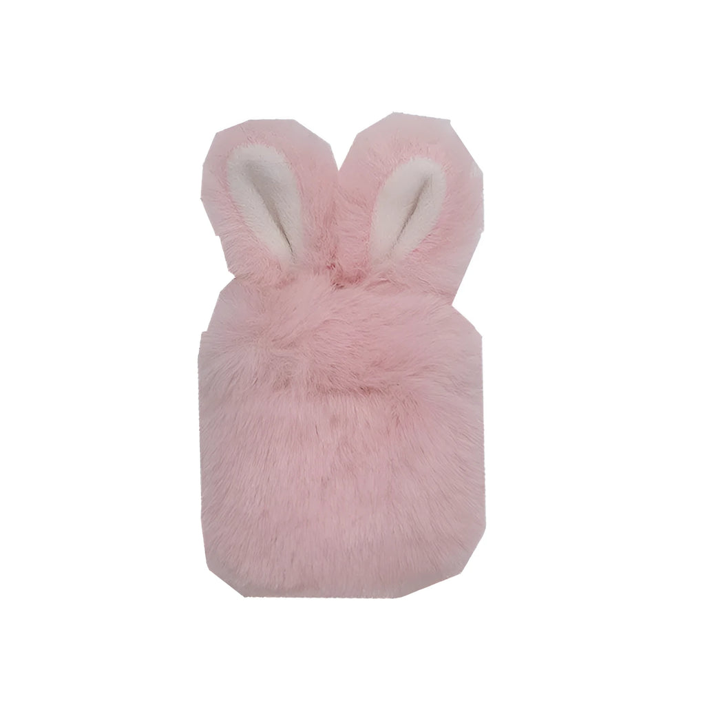Pink silicone AirPods cover with soft plush rabbit ears decoration on charging case