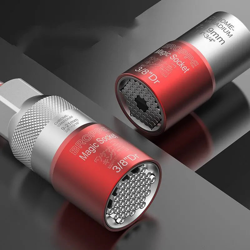 Red multi function socket set with 7-19mm and 9-21mm universal sleeves and wrench socket