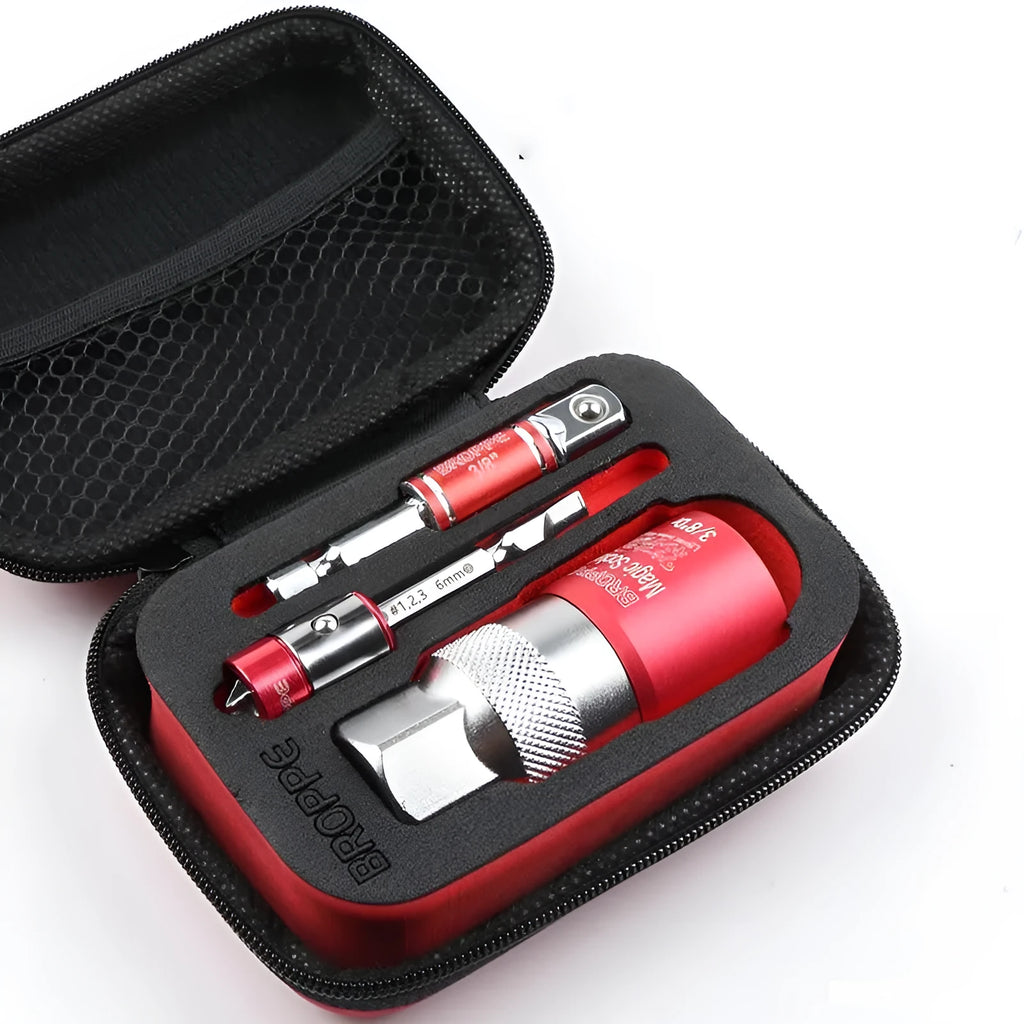 Red multi function socket set with 7-19mm and 9-21mm universal sleeves and wrench socket