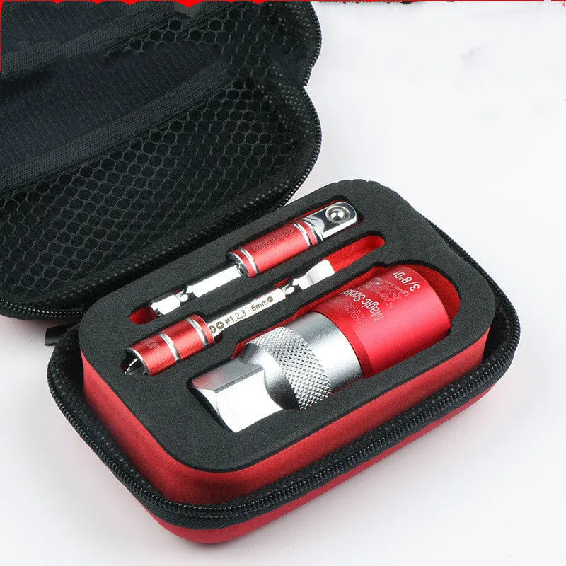 Red multi function socket set with 7-19mm and 9-21mm universal sleeves and wrench socket